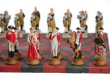 Chess Set - Painted Resin American Revolution Pieces on Red & Dusky Black Faux Leatherette Chess Board