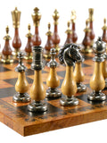 Chess Set - Big Staunton Metal and Maple & Golden Rosewood Chessmen on Faux Leather - Old Map Design