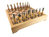 Chess Set - Big Staunton Metal and Wood Maple & Golden Rosewood Chessmen on Inlaid Beechwood Chest