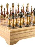 Chess Set - Big Staunton Metal and Wood Maple & Golden Rosewood Chessmen on Inlaid Beechwood Chest