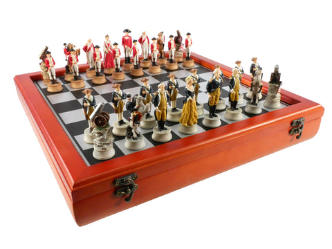 Chess Set - American Revolution Resin Chessmen on Cherry Stained Chest