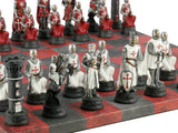 Chess Set - Resin Crusade IV Pieces on 14.5" Red & Dusky Black Faux Leather Board