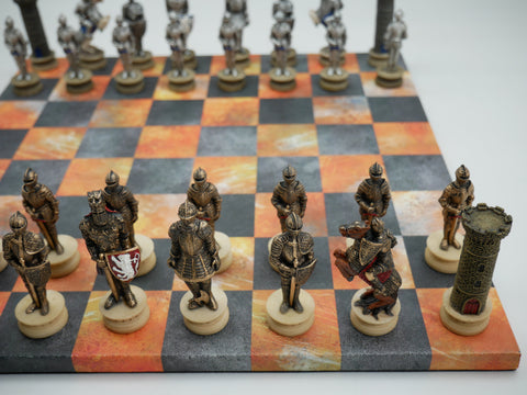 Chess Set - Painted Resin Medieval Knights Pieces on Fire & Dusky Black Faux Leatherette Chess Board