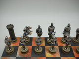 Chess Set - Painted Resin Medieval Knights Pieces on Fire & Dusky Black Faux Leatherette Chess Board