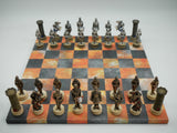 Chess Set - Painted Resin Medieval Knights Pieces on Fire & Dusky Black Faux Leatherette Chess Board