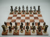 Chess Set - Painted Resin Medieval Knights Pieces on Caramel & Cream Faux Leatherette Chess Board