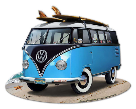 VW Bus Cut Out Blue Metal Sign