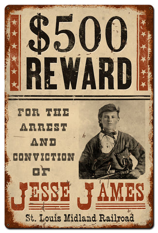 Wanted Jesse James Metal Sign