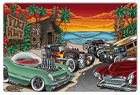 ArtFuzz Hot Rod Tiki Hut Garage Shop Metal Sign by Britt Madding 12x18