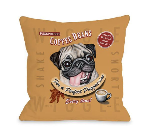 Puggaccino2 Brown Multi throw pillow by Retro Pets