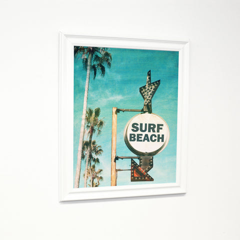 Surf Beach Sign - Blue Multi White Traditional Framed Canvas by OBC 11 X 14