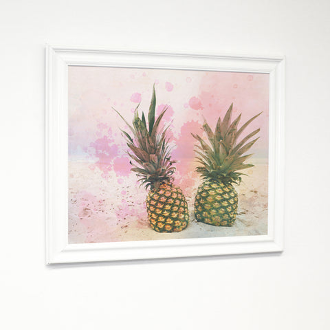 Pineapples In Paradise - Pink White Traditional Framed Canvas by OBC 11 X 14