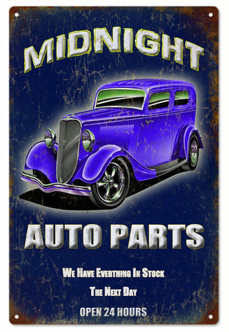 Midnight Auto Parts Hot Rod Metal Sign