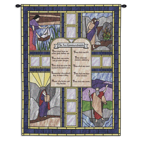 Ten Commandments Stained Glass Wall Tapestry With Rod